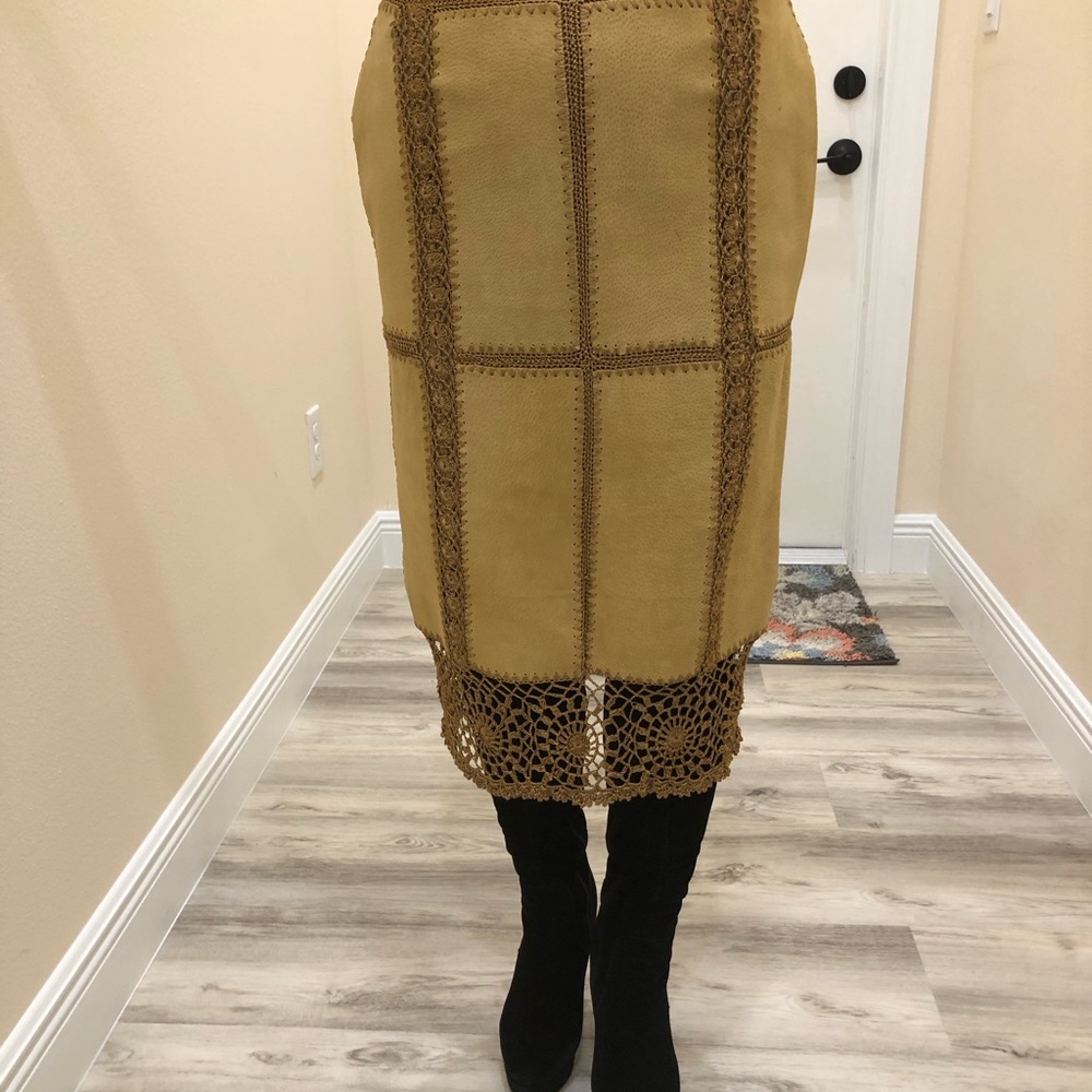 Leather  Tan Crochet Midi Skirt